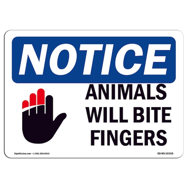 OSHA Sign, Animals Will Bite Fingers With Symbol, 18in X 12in Aluminum, 12" W, 18" L, Landscape